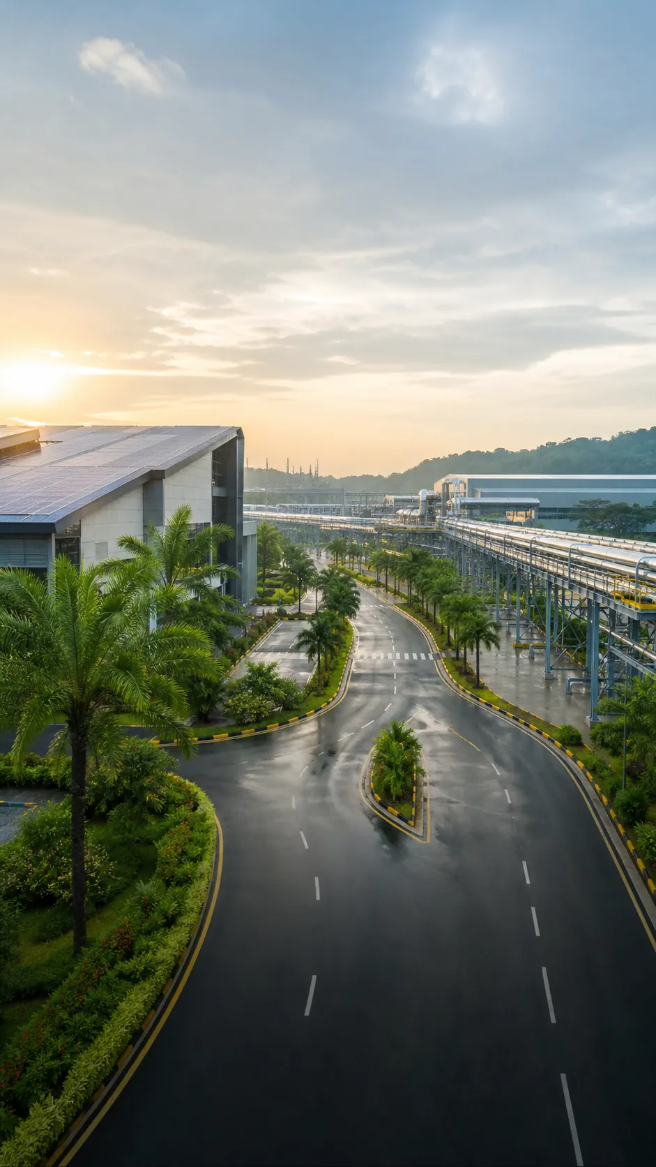 Green industrial boulevard with utility corridors and solar roofs